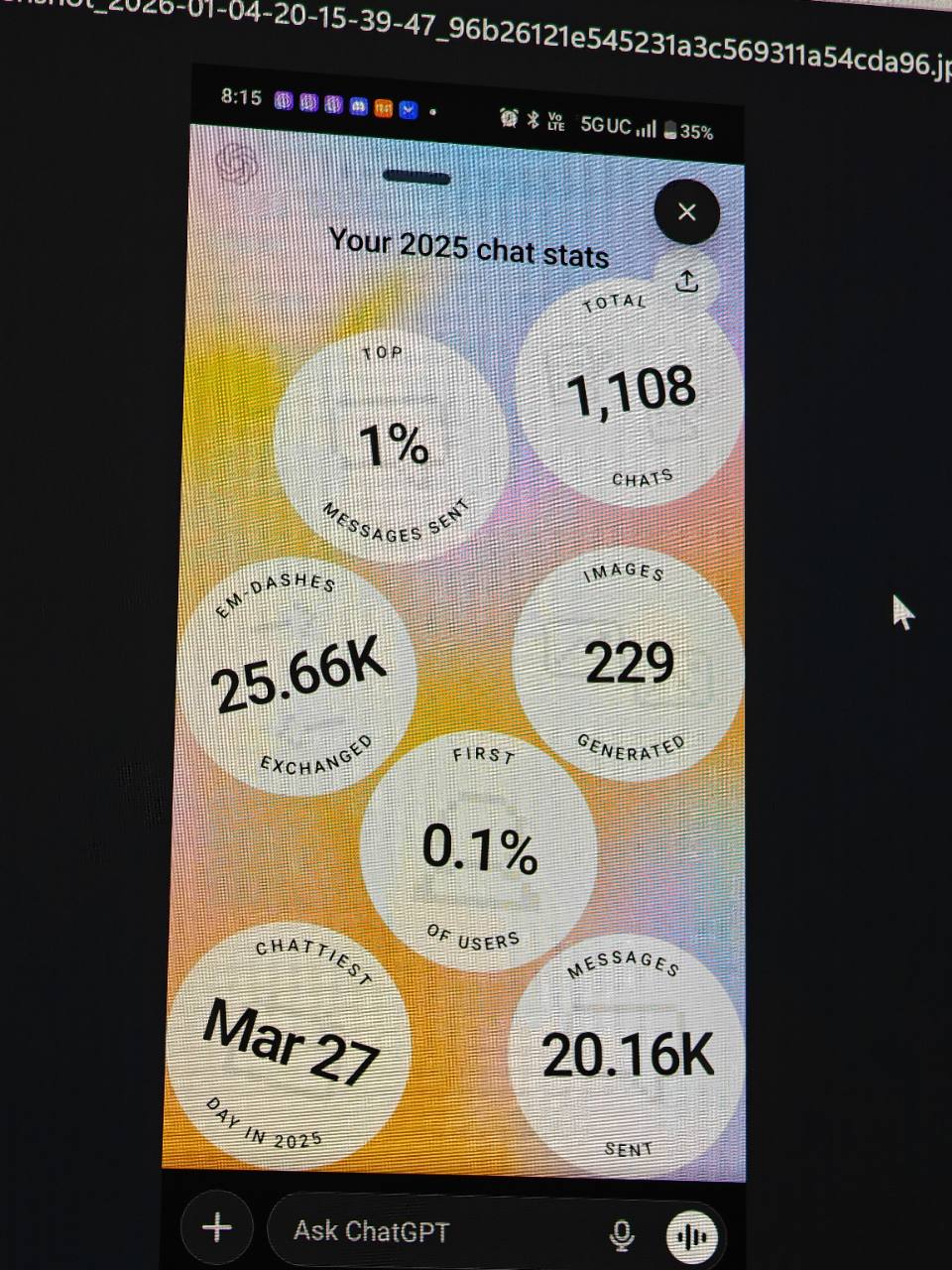 Photograph of Jason Ead's original OpenAI 2025 ChatGPT recap statistics